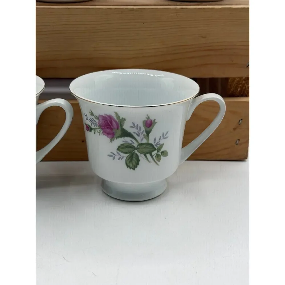 Vintage Pink Rose Porcelain Teacups with Gold Trim – Set of 5